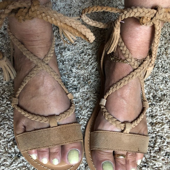 ASOS gladiator beige sandals suede leather laces tied up tan braided ties - Picture 9 of 10